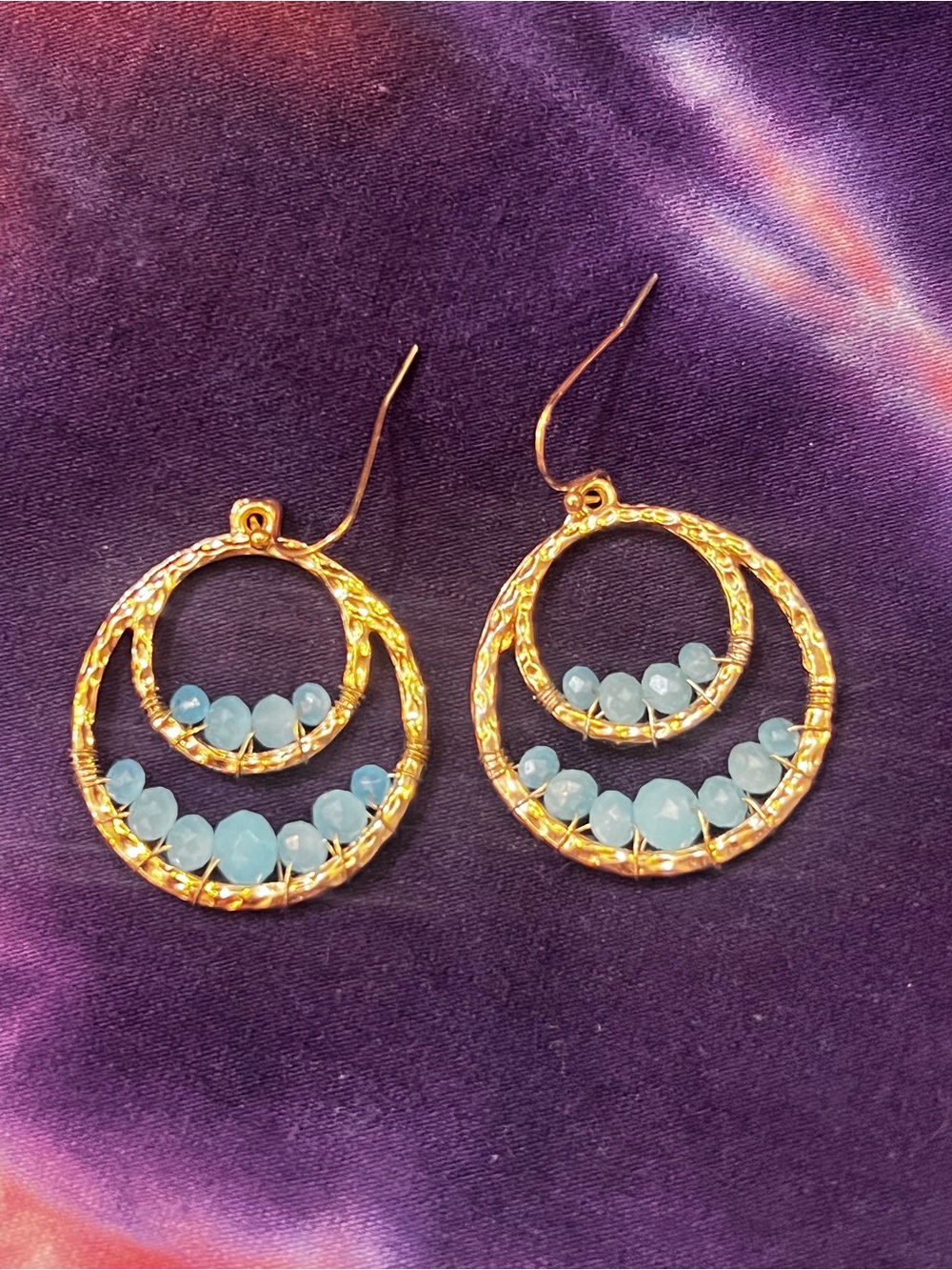 Gold Hoop Double-Circle Earrings with Aquamarine Beads